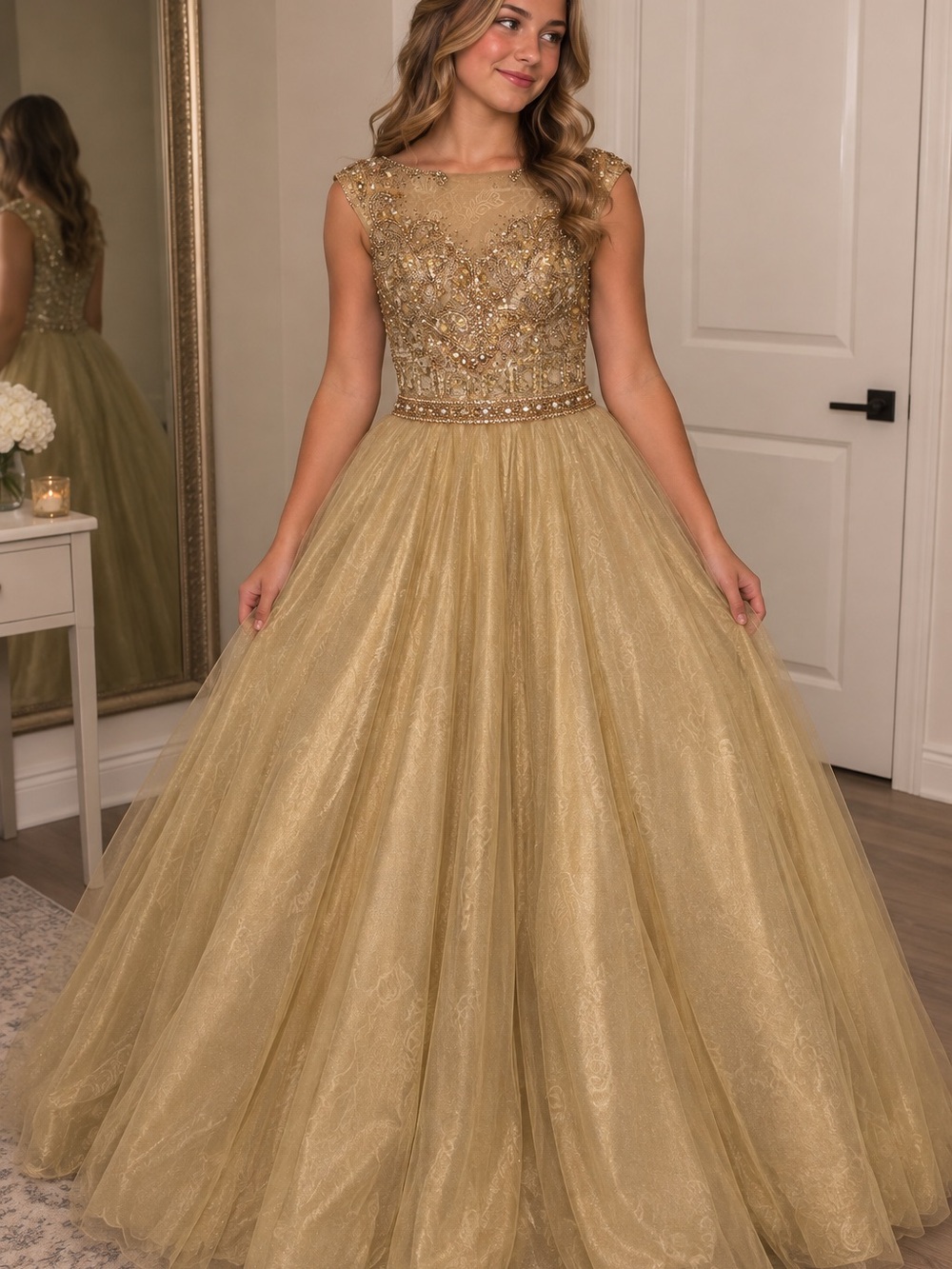 Gold Embellished Tulle Ball Gown Dress
